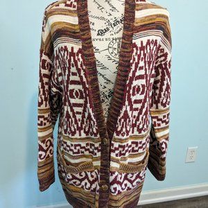 Lucky Brand Women Rust Cream Multi Aztec Print Button Long Sleeve Cardig…